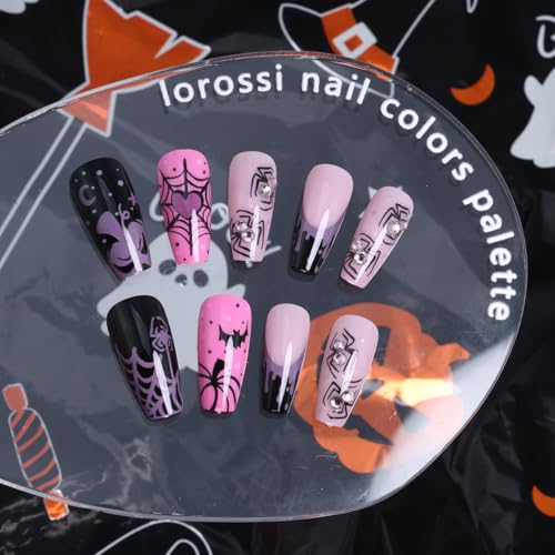 Halloween Press On Nails Set - Heart Spider Web Pumpkin Ghost Designs, Medium Square Pink Fake Nails with Rhinestones - Variation of THIS listing