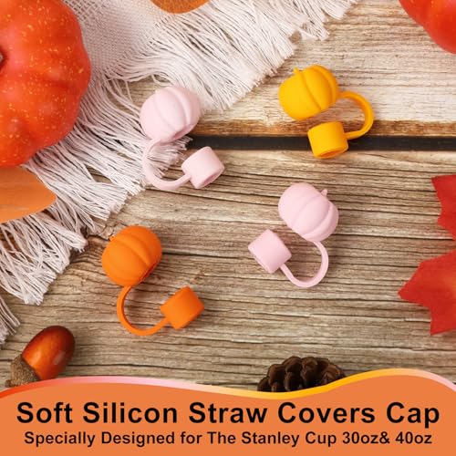 Fall Pumpkin Silicone Reusable Straw Cover Caps - Orange Pink, 4 Pack