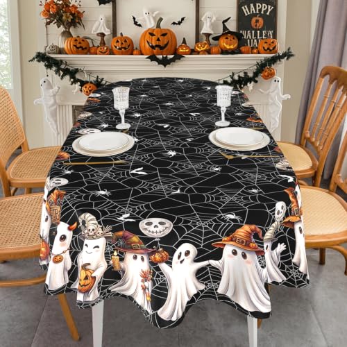 Halloween Ghost Black Oval Tablecloth 60x102 Inch Washable Fabric Party Cover - Spider Web & Ghost Design