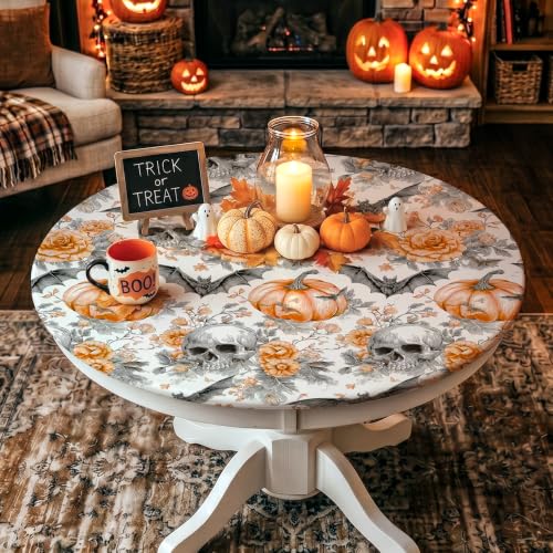 Halloween Fitted Round Tablecloth for 46-50 Inch Tables - Pumpkin Head Design, 52 Inch