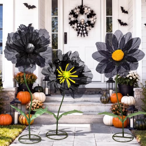 Halloween Black Giant Artificial Flowers Set of 3 - Mesh Floral Decorations