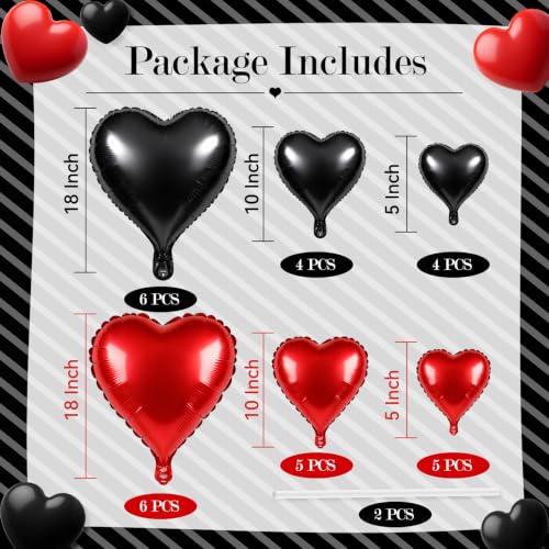 TONIFUL 30 Pack Red and Black Heart Foil Balloons - 3 Sizes for Gothic Wedding & Party Decorations