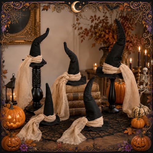 Halloween Witch Hat Centerpieces Set - 6 Pcs, 3 Sizes with Gauze Ribbon - A Style
