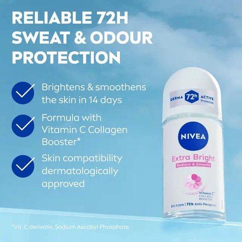 NIVEA Extra Bright 8 Super Food Vitamin C Collagen Booster Underarm Roll-On Deodorant, Alcohol-Free, 72HR Odor Protection, Smooth & Bright Skin, 50ml, 1.69oz, Pack of 2