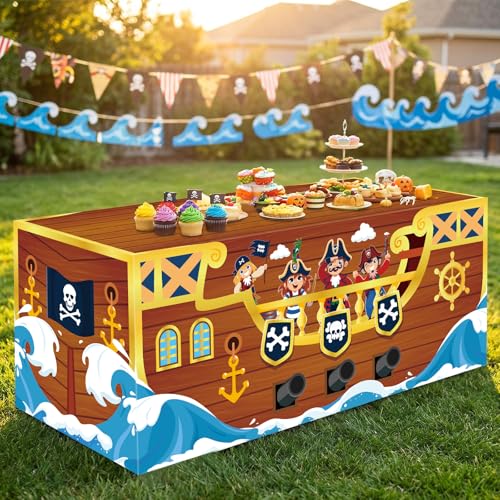 Pirate Ship Tablecloth - Nautical Halloween Party Decorations, 6FT