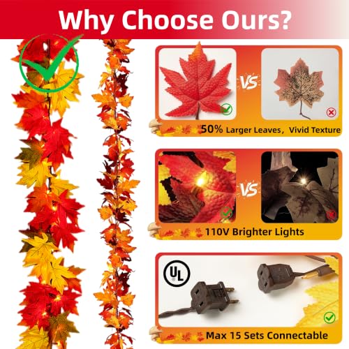9.1FT Fall Garland with Lights Large Maple Leaves - Connectable Autumn Decor - Variation 1