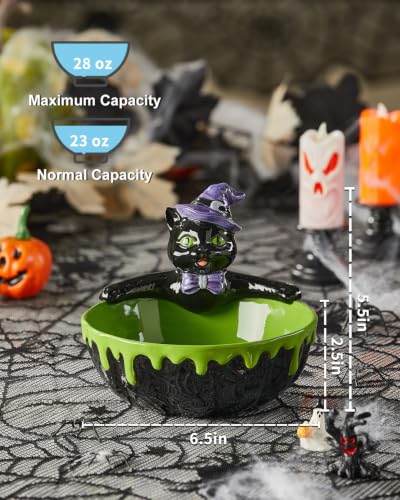 Purple Black Halloween Cauldron Candy Bowl - 6.5-Inch Ceramic Cat Treat Dish
