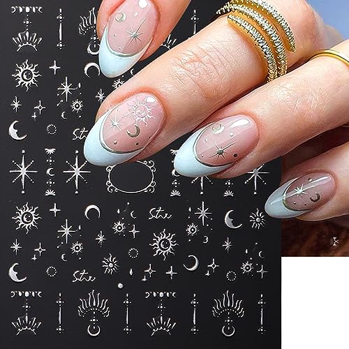 Silver Metallic Nail Stickers - 8 Sheets for DIY Art & Design, Moon Sun Stars Butterfly