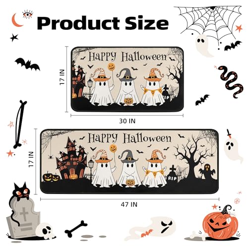 Halloween Ghost Kitchen Rugs Set - Black & White Non-Slip Absorbent Floor Mats, 2-Piece, 17x47 & 17x30 inches - Variation Blackwhite-1