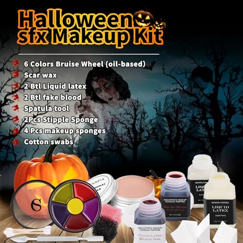 Halloween Special Effects SFX Makeup Kit with Liquid Latex, Fake Blood & Sponges