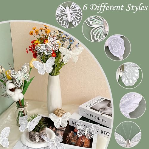 White Feather Butterfly Decorations with Glitter & Pearls - 3.9 Inch Clip-On Craft Ornaments for Weddings & Parties