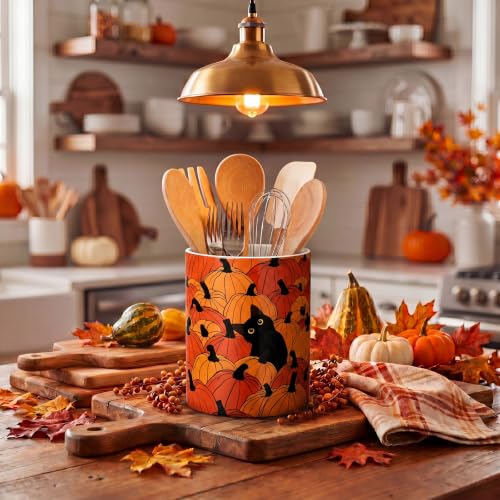 Fall Utensil Holder Black Cat Pumpkin with Orange Pumpkin Variation - Farmhouse Kitchen Decor