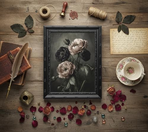 Dark Floral Canvas Wall Art - Vintage Gothic Botanical Painting, 16x12in - Black Frame