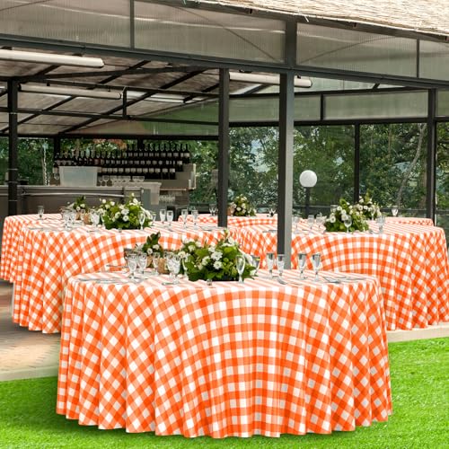 Orange Gingham Round Tablecloth 54x108 Inches - Pack of 6, Fall Checkered Cover - Orange-Round