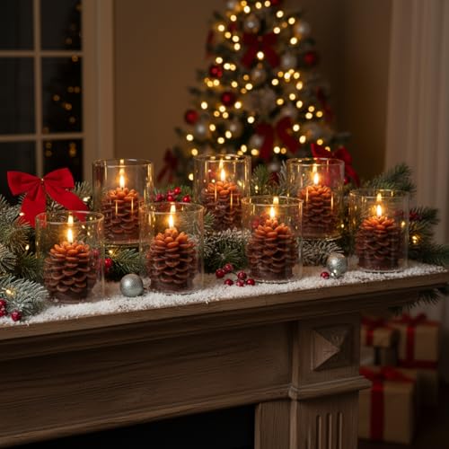 Set of 6 Pine Cone Candles with Glass Containers - Holiday Decor, Christmas, Halloween