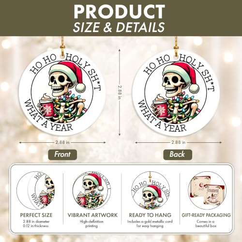 Funny Skeleton Christmas Ornament - Santa Skull Lights Keepsake - Dark Humor Holiday Decor
