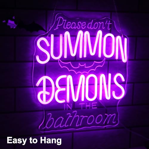 Purple Please Don't Summon Demons in the Bathroom Neon Sign Halloween Decor