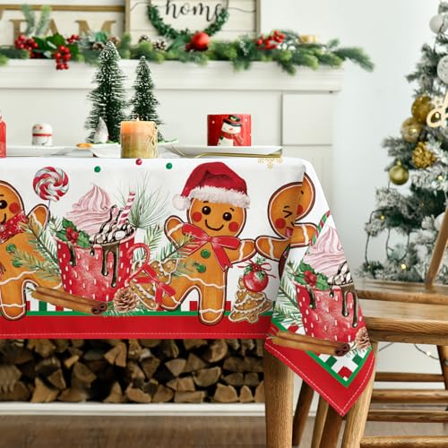 Christmas Tablecloth 60 x 104 Inches Rectangular Gingerbread Man White Red - Holiday Decor