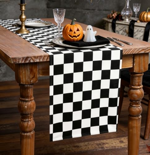 Black and White Halloween Gingham Table Runner - 13 x 72 Inch - QueenDream