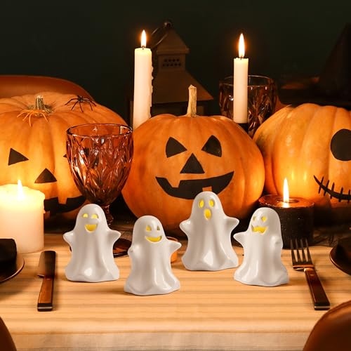 Halloween Ghost Decor Set Light Up LED Ceramic Ghosts 4 Pack - 3 Inch