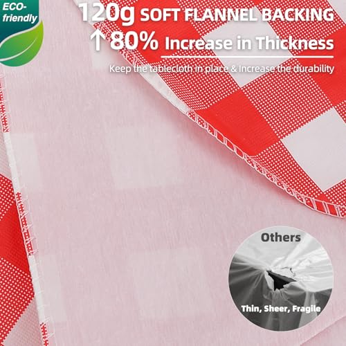 Red Gingham Vinyl Tablecloth with Flannel Backing 60x84 Inch Waterproof Outdoor Cover