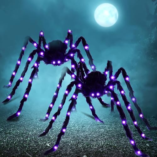 Giant Halloween Spider Lights - 5 Ft Outdoor Decor with Purple LED, Spooky Garden Props Set of 2