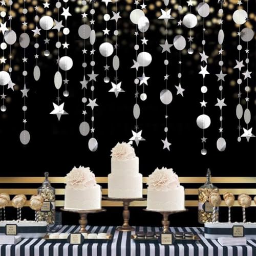 52 Feet Silver Star Circle Dot Decorations Glitter Backdrop Banner for Parties