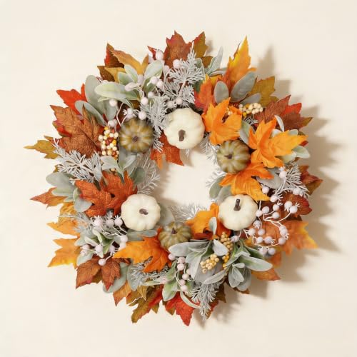 Artificial Fall Wreath 22 Inch Autumn Harvest Decor for Front Door and Wall