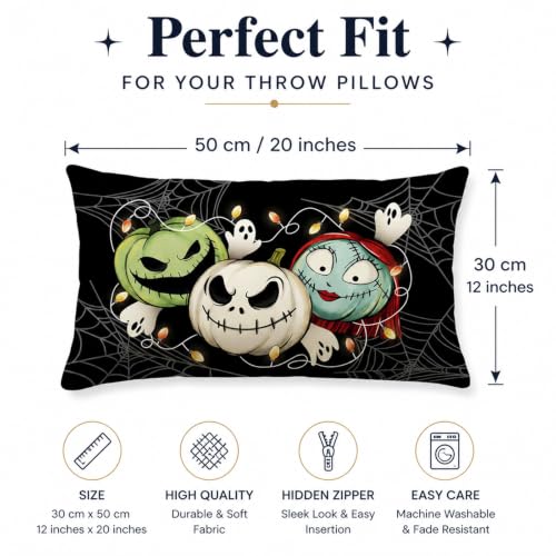 Halloween Pillow Cover 12x20 Inch Black Cushion Case Spooky Skeleton & Rag Doll Design