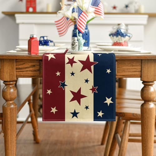 Stars Stripes 4th of July Patriotic Table Runner 13x120 Inch Red Beige Blue