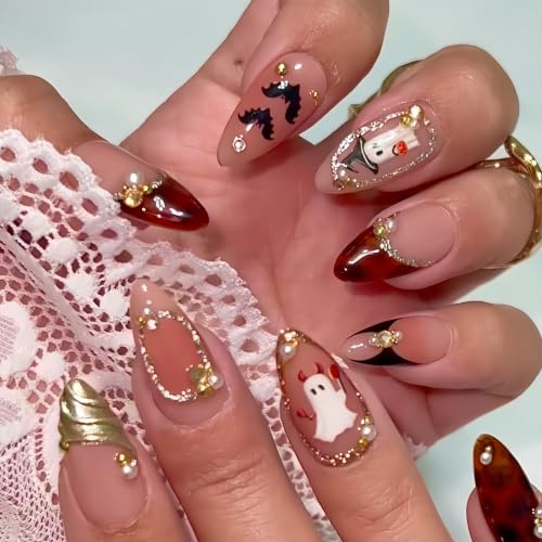 Halloween Ghost Bat Fake Nails - Medium Almond Press On Nails with Leopard Print & 3D Ghost Design