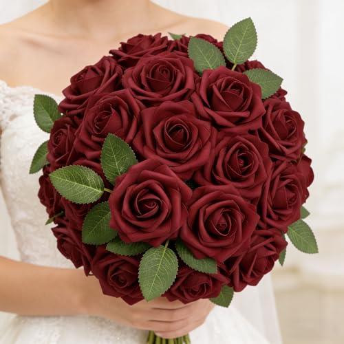 Artificial Rose Flowers 50PCS Foam Roses with Leaves for Wedding & Party Decor - Red