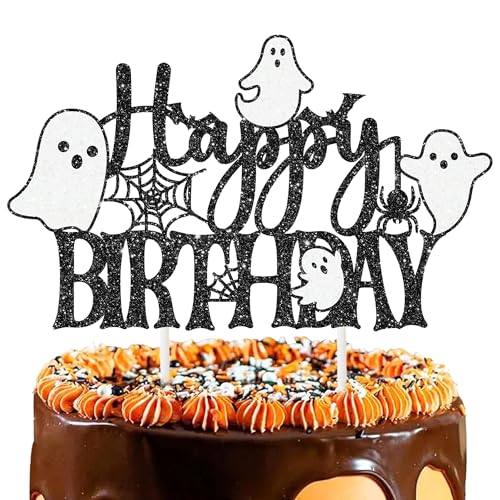 Halloween Ghost Cake Topper Glitter Black Ghosts Spider Webs Bats for Birthday & Party