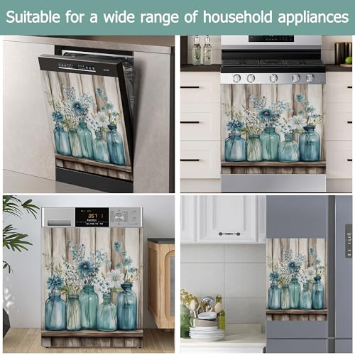 Blue Mason Jars Flowers Magnetic Dishwasher Cover - Rustic Kitchen Decor 23x26 Inch