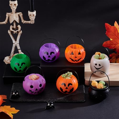 Mini Halloween Candy Holder Set - Pumpkin Ghost Cauldron Buckets in 5 Colors, 12-Pack