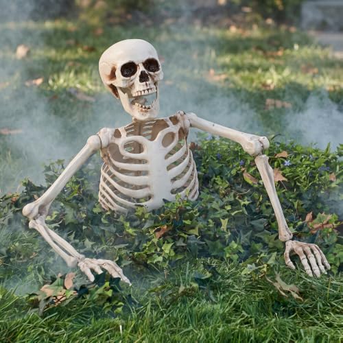 Halloween Half Skeleton Decoration with Red Glowing Eyes & Green Light-Up Body - Posable Arms Outdoor Yard Decor