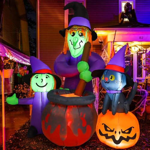 Halloween Inflatable Witch and Cauldron Decor - 6 FT Outdoor Yard Ornament with Built-in LEDs