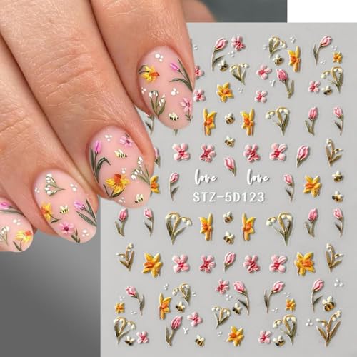 Nail Stickers for Nail Art, 5D Embossed Floral Ladybug Design - 3 Sheets