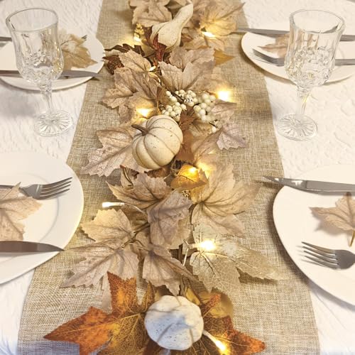 White Fall Garland with Lights - 6Ft Autumn Leaves & Pumpkins for Home Decor - Halloween & Thanksgiving Indoor Outdoor