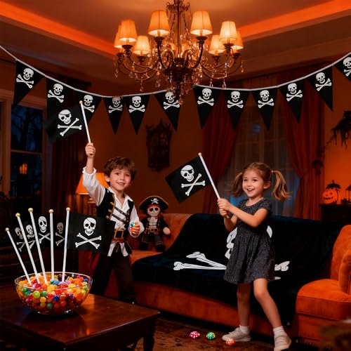 Pirate Day Party Flag Set with Skull Banner and Handheld Flags - Indoor Outdoor Decor
