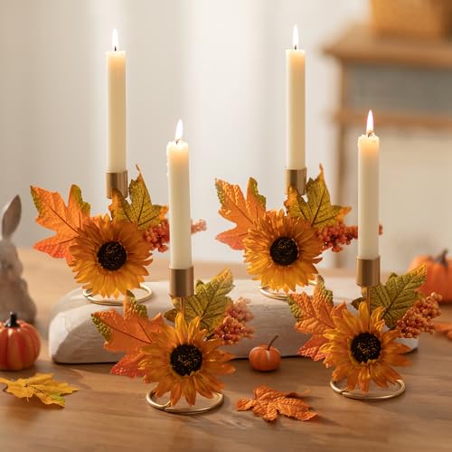Fall Candle Holder Set of 4 - Gold Thanksgiving Decor with Sunflower & Maple Leaves