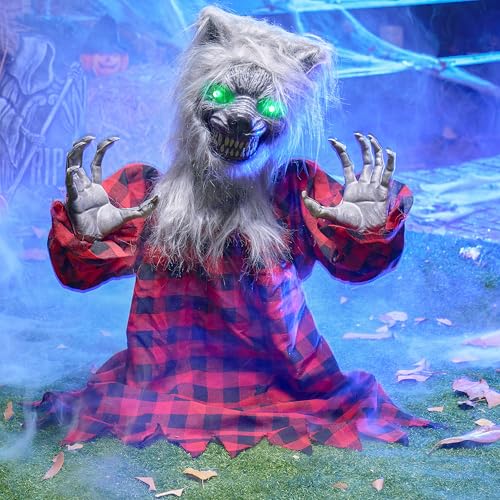 Halloween Animatronic Werewolf Groundbreaker Outdoor Decoration Scene with Moving Arms & Light-Up Eyes
