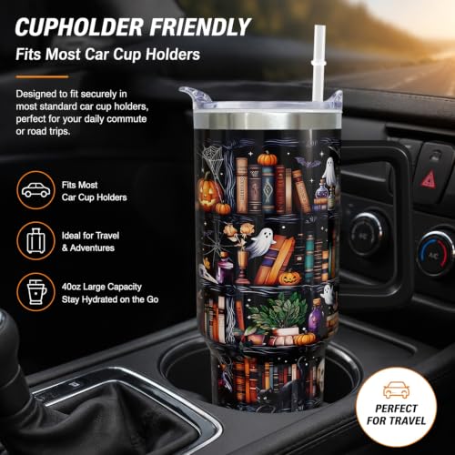 Halloween Bookshelf 40 oz Tumbler with Handle & Straw - Spooky Book Lover Gift