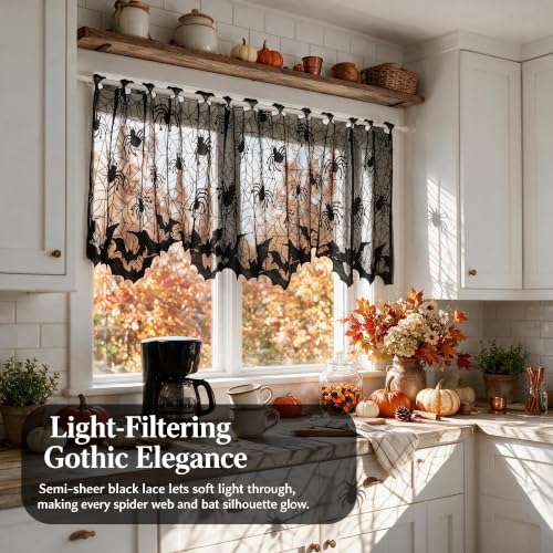 Black Lace Halloween Kitchen Curtains Set - Spider Web Bat Gothic Valances, 2-Pack, 60"W x 20"L Variation of 2
