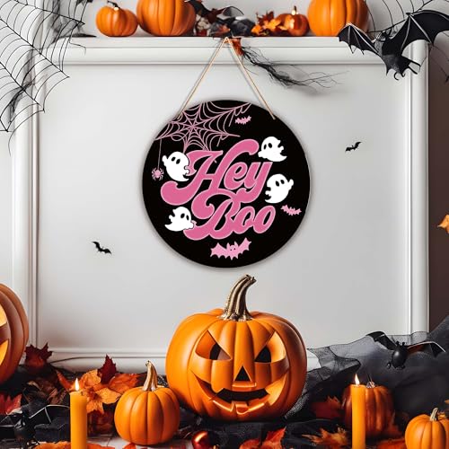 Halloween Ghost Decor Sign with Pink & Black Variation - 9.84" Wall Door Decor