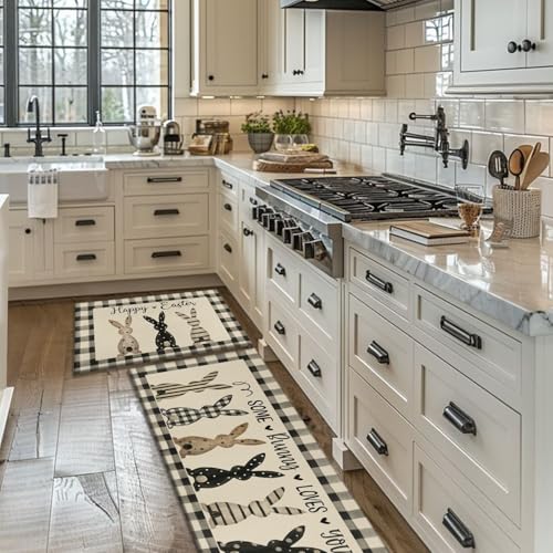 Easter Bunny Kitchen Rugs Set of 2 - Black & White Checkered Spring Decor