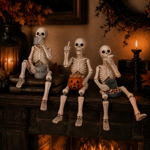 Halloween Skeleton Statues Set of 3 - Funny Shelf Sitters for Seasonal Decor - Variation 1