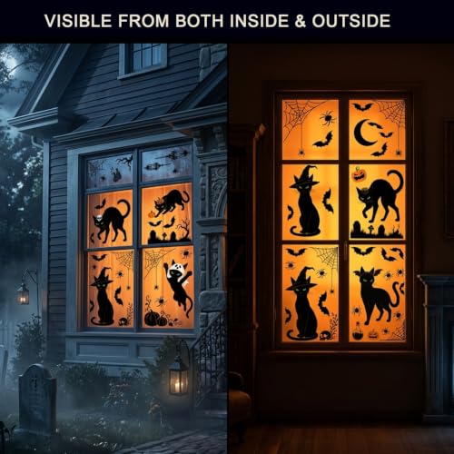 Halloween Window Clings Black Cat Decals Set - 6 Sheets, 50 Pcs Spooky Decor