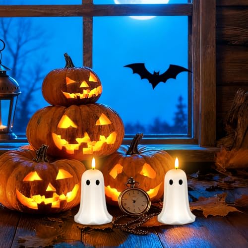 Halloween Ghost Candle Lights 2pcs with Remote - Flameless LED Ghosts with Timer, Indoor Outdoor Spooky Decorations
