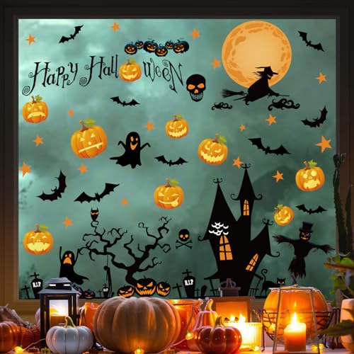 Halloween Window Clings - Moon Witch Design, 4 Sheets, Halloween Decorations